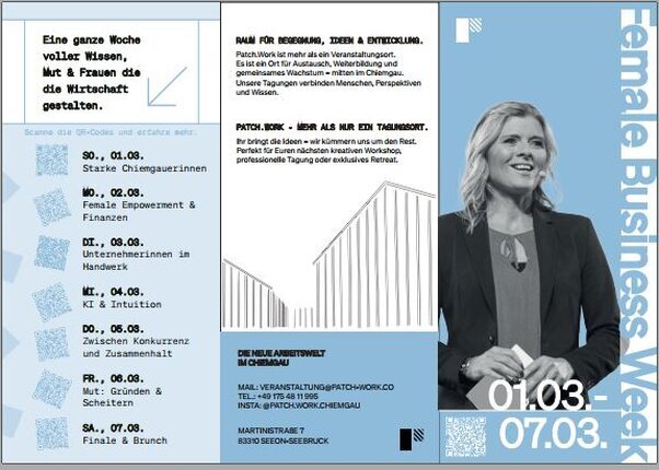 Female Business Week  vom 01.03. bis 07.03.2026  Patch.Work ist mehr als ein Veranstaltungsort. Es ist ein Ort für Austausch, Weiterbildung und gemeinsames Wachstum – mitten im Chiemgau. Unsere Tagungen verbinden Menschen, Perspektiven und Wissen. RAUM FÜR BEGEGNUNG, IDEEN & ENTWICKLUNG. Ihr bringt die Ideen – wir kümmern uns um den Rest. Perfekt für Euren nächsten kreativen Workshop, professionelle Tagung oder exklusives Retreat