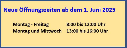 Ab dem 1. Juni 2025 hat die Geschäftsstelle der Kreishandwerkerschaft neue Öffnungszeiten.  Montag bis Freitag           8:00 Uhr bis  12:00 Uhr Montag und Mittwoch    13:00 Uhr bis 16:00 Uhr  Bei Fragen dazu rufen Sie uns bitte an° 
